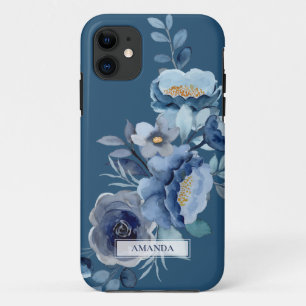 Navy Flowers   Blue Personalised Name iPhone 11 Case