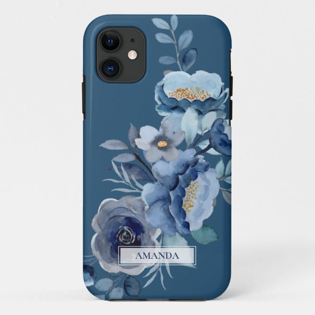Navy Flowers | Blue Personalised Name Case-Mate iPhone Case (Back)