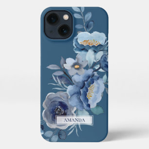 Navy Flowers Blue Personalised Name iPhone 13 Case