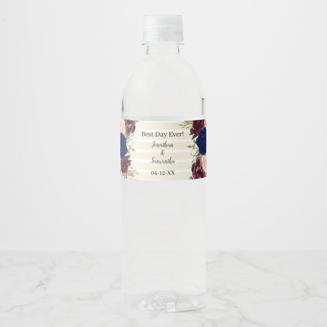 Navy Flowers Gold Wedding Water Bottle Label (Front)