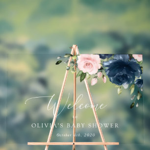 Navy Flowers, Pink Flowers, Baby Shower Welcome Acrylic Sign