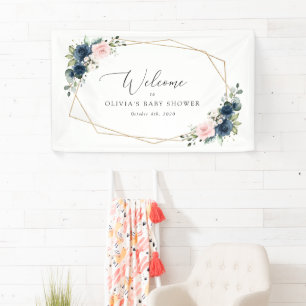 Navy Flowers, Pink Flowers, Baby Shower Welcome Banner