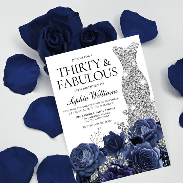 Navy Flowers & Silver Diamond Dress 30th Birthday Invitation (Creator Uploaded)