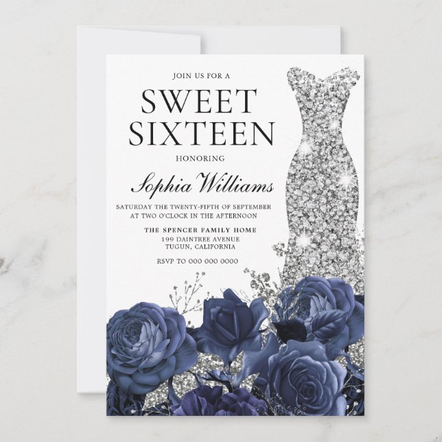 Navy Flowers & Silver Diamond Dress Sweet 16 Party Invitation (Front)