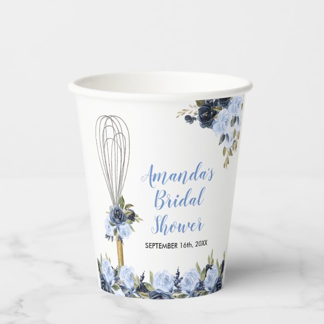 Navy Flowers Soon to be Whisked Away Bridal Shower Paper Cups (Front)