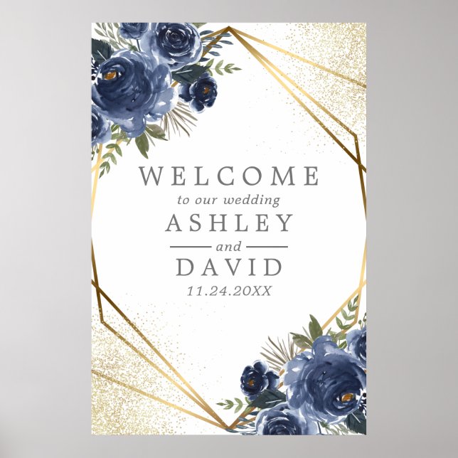 Navy Flowers Watercolor Floral Wedding Welcome Poster (Front)