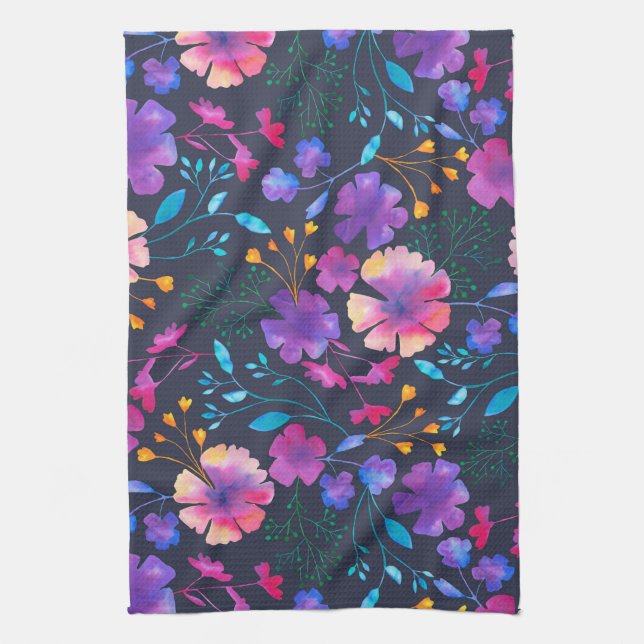 Navy Fluro Floral Botanical Kitchen Tea Towel (Vertical)