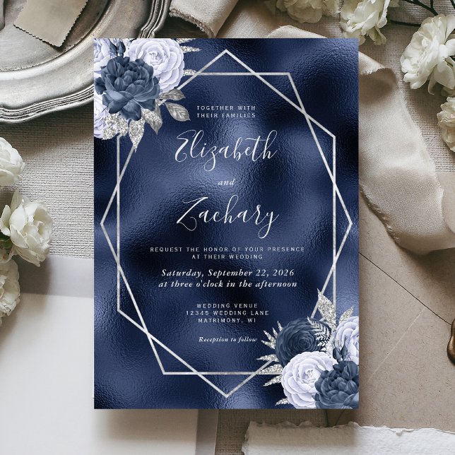 Navy Foil Dusty Blue Silver Floral Wedding Invitation (Creator Uploaded)