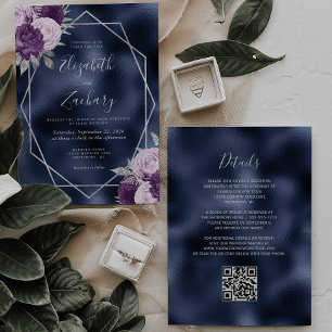 Navy Foil Lilac Silver Floral QR Code Wedding Invitation