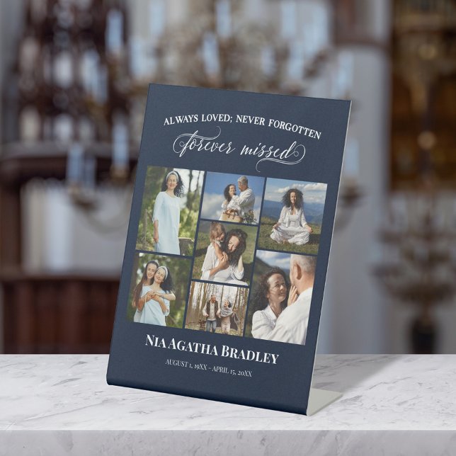 Navy Forever Missed Elegant Memorial Photo Collage Pedestal Sign (Creator Uploaded)