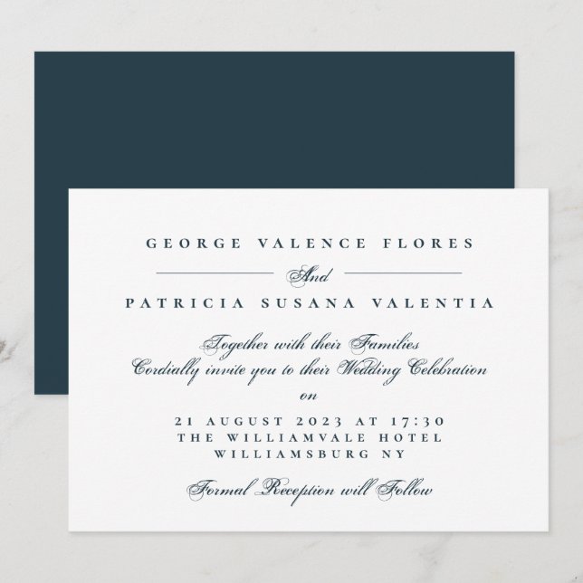 Navy Formal Calligraphy Elegant Wedding Invitation (Front/Back)