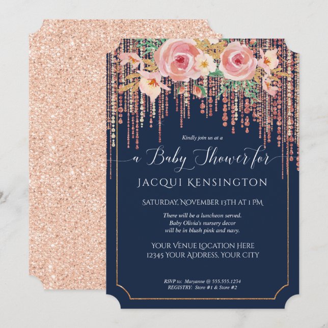 Navy Fringe Rose Gold Blush Pink Floral Shower Invitation (Front/Back)