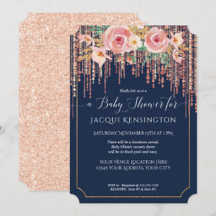 Navy Fringe Rose Gold Blush Pink Floral Shower Invitation