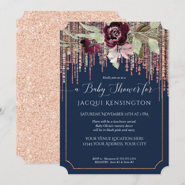 Navy Fringe Rose Gold Burgundy Floral Baby Shower Invitation (Front/Back)