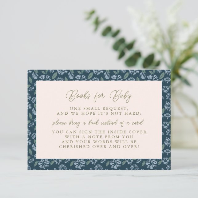 Navy Frost Bloom Floral Baby Shower Books for Baby Enclosure Card (Standing Front)