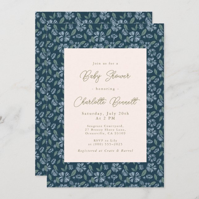 Navy Frost Bloom Floral Baby Shower Invitation (Front/Back)