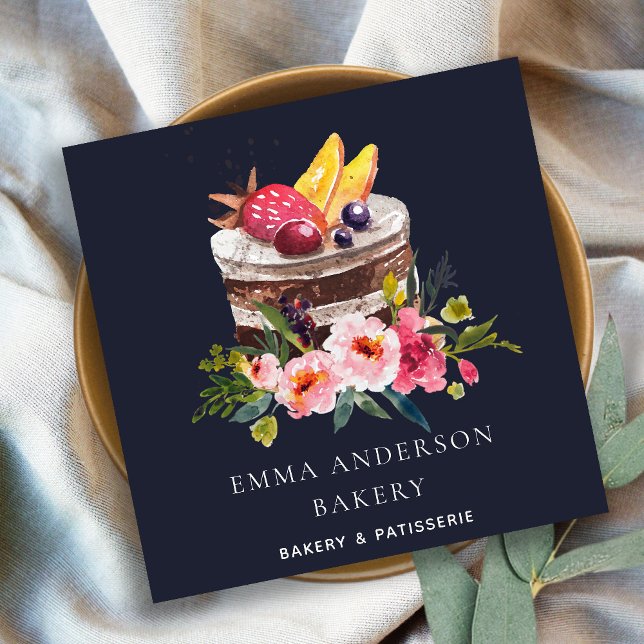 NAVY FRUIT FLORAL CAKE PATISSERIE CUPCAKE BAKERY SQUARE BUSINESS CARD (Creator Uploaded)