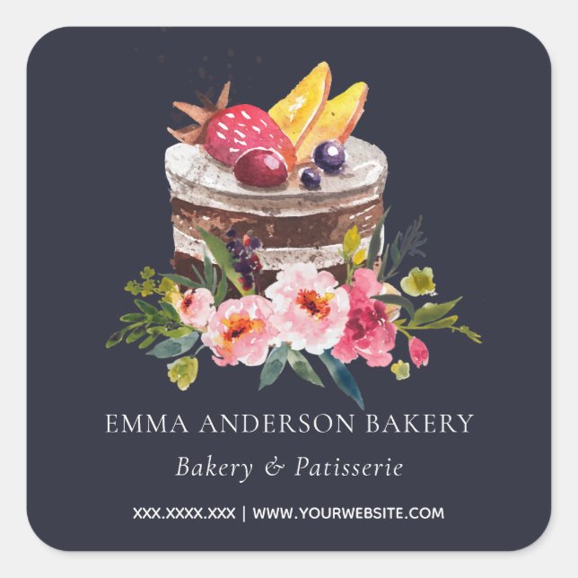 NAVY FRUIT FLORAL CAKE PATISSERIE CUPCAKE BAKERY SQUARE STICKER (Front)
