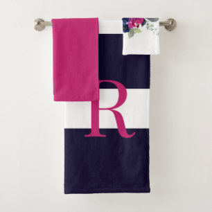 Navy & Fuchsia Floral Monogram Bath Towel Set