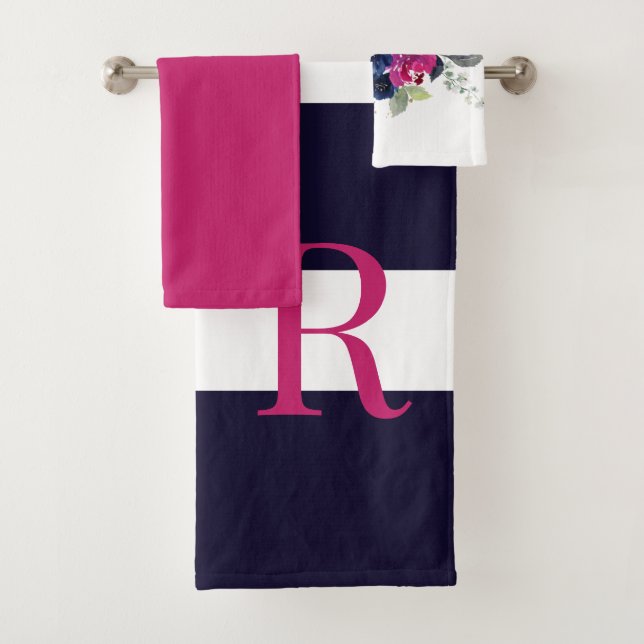 Navy & Fuchsia Floral Monogram  Bath Towel Set (Insitu)