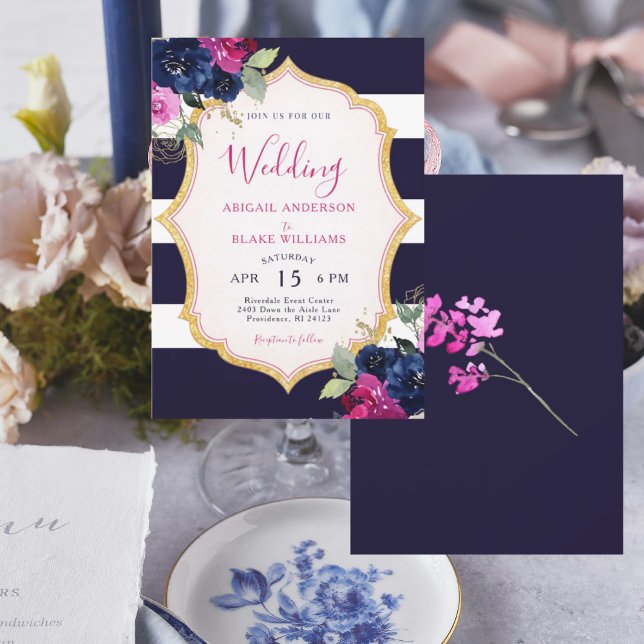 Navy & Fuchsia Floral Wedding Invitation (Creator Uploaded)