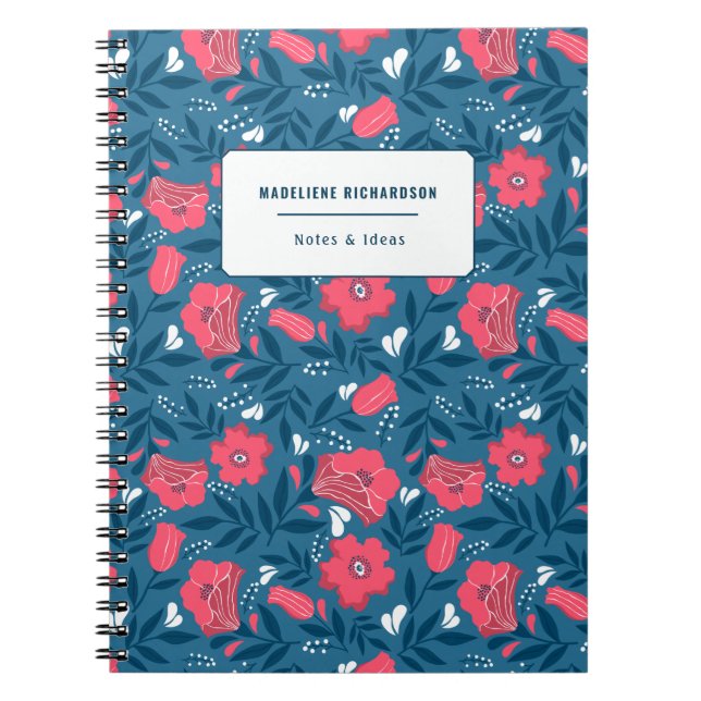 Navy Fuchsia Personalized Name Floral Pattern  Notebook (Front)
