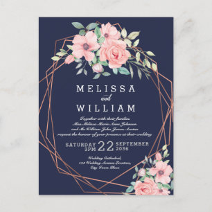 Navy Geometric Copper Floral Wedding Invitation Postcard