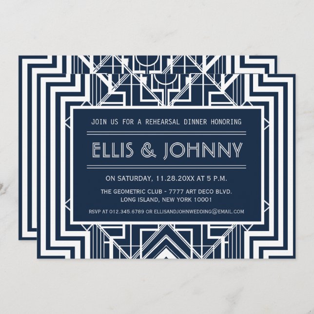 Navy Geometric Rehearsal Dinner Invites (Front/Back)
