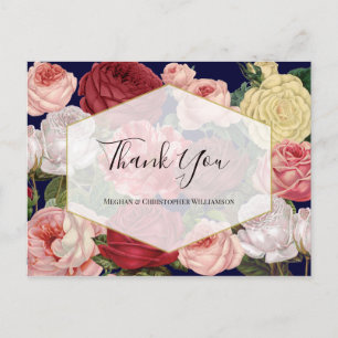 Navy Geometric Vintage Floral Wedding Thank You Postcard