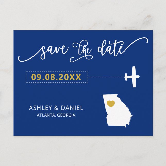 Navy Georgia Wedding Save the Date Map Postcard (Front)
