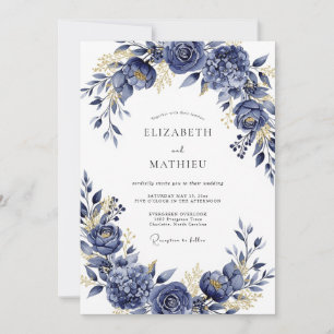 Navy Gilded Bloom Romance Wedding Invitation