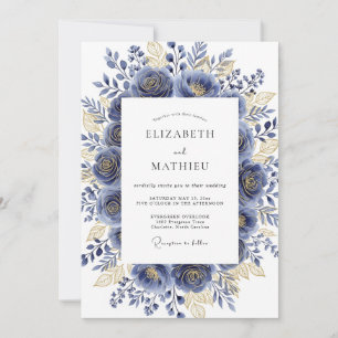 Navy Gilded Bloom Romantic Wedding Invitation