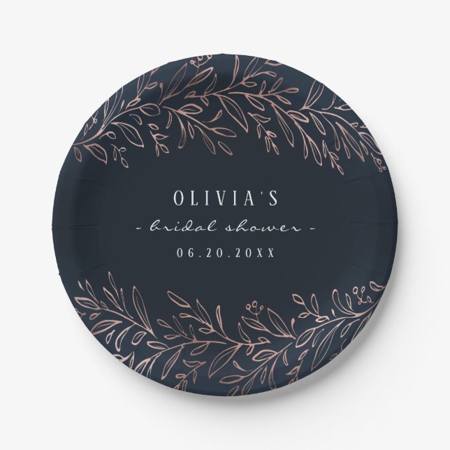 Navy gilded rose gold botanical bridal shower paper plate (Front)