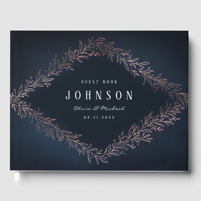 Navy gilded rose gold botanical elegant wedding guest book (Front)