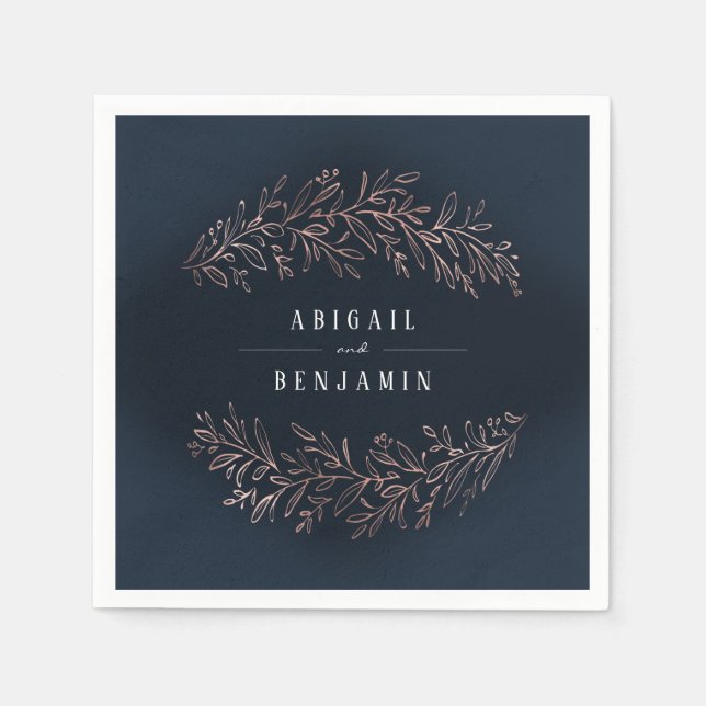 Navy gilded rose gold botanical elegant wedding napkin (Front)