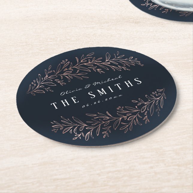 Navy gilded rose gold botanical elegant wedding round paper coaster (Angled)