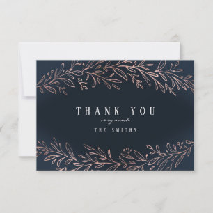 Navy gilded rose gold botanical foliage thank you card