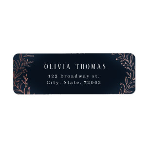Navy gilded rose gold botanical return address