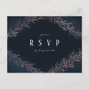 Navy gilded rose gold botanical wedding RSVP Invitation Postcard
