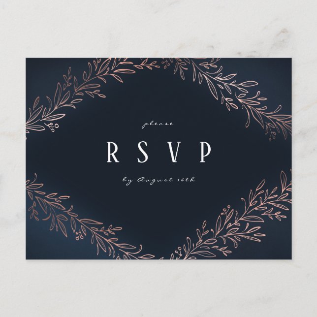 Navy gilded rose gold botanical wedding RSVP Invitation Postcard (Front)