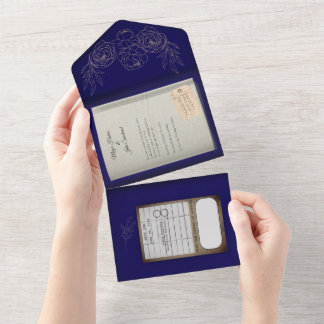 Navy Gilded Roses Library Book Wedding Invitation
