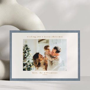 Navy Gingham Plaid Family Photo Christmas Elegant Holiday Card