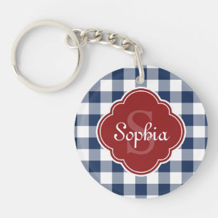 Navy Gingham Red Quatrefoil Monogram Key Ring