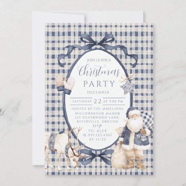 Navy Gingham Santa Christmas Invitation (Front)
