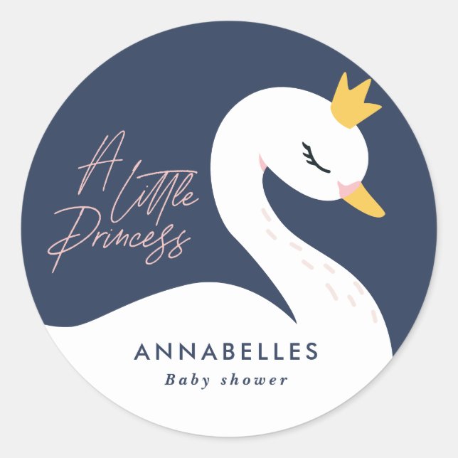 Navy girly elegant beautiful swan baby shower classic round sticker (Front)