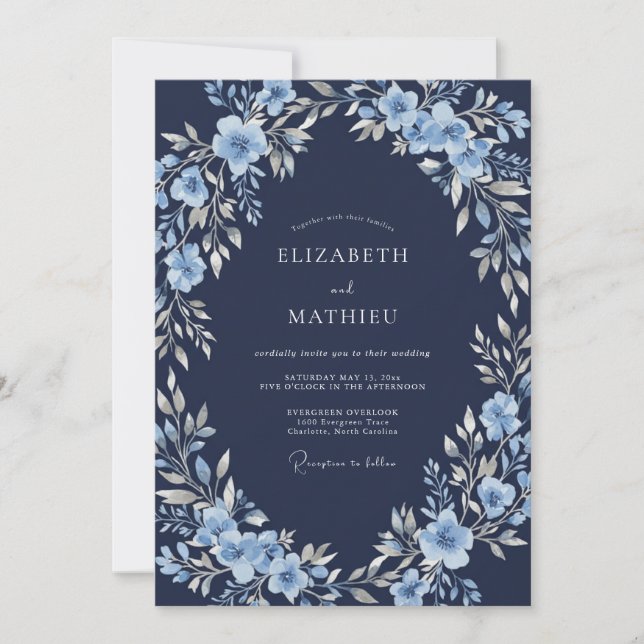 Navy Glacial Botanical Winter Wedding Invitation (Front)