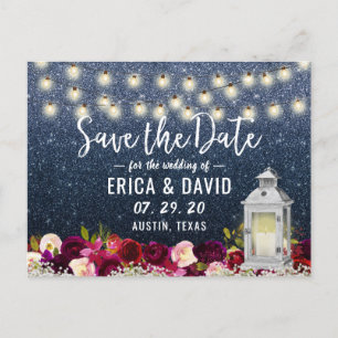 Navy Glitter Rustic Lantern Flowers Save the Date Announcement Postcard