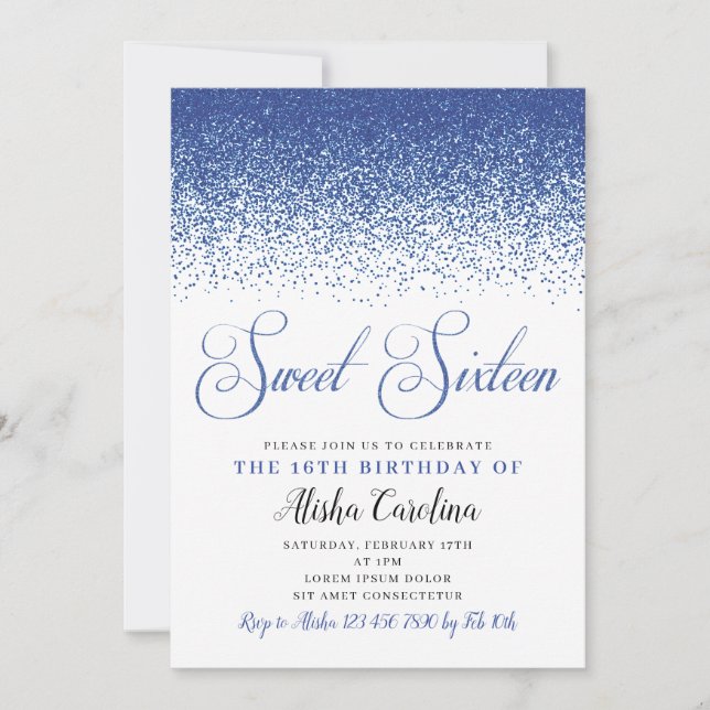 Navy Glitter Sweet Sixteen Birthday Invitation (Front)