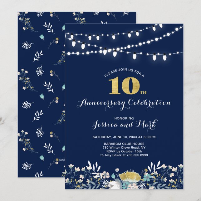 Navy & Gold 10th Wedding Anniversary Invitation (Front/Back)