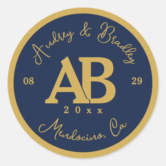 Navy Gold 2 Letter Monogram Wedding Classic Round Sticker (Front)